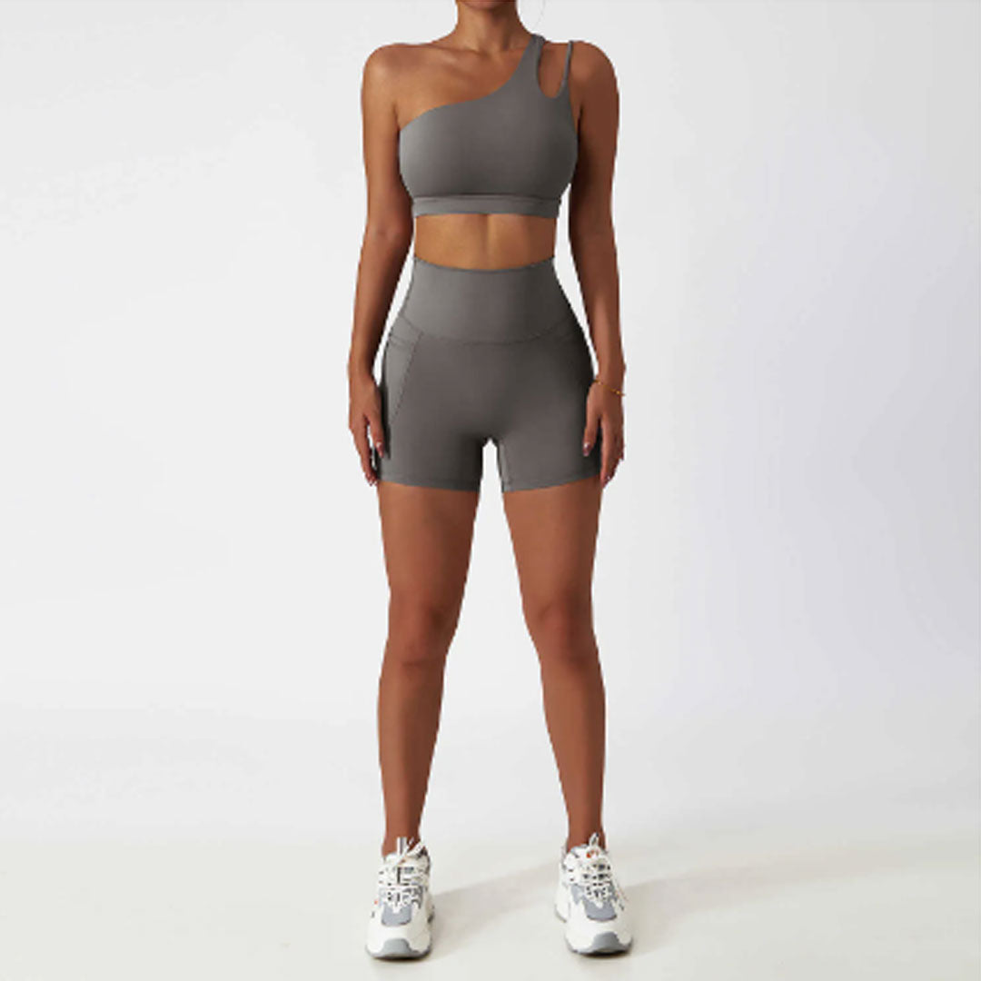 FREYSHA Elegant One Shoulder Yoga Ensemble Sleek Sports Bra and High-Waist Leggings Set