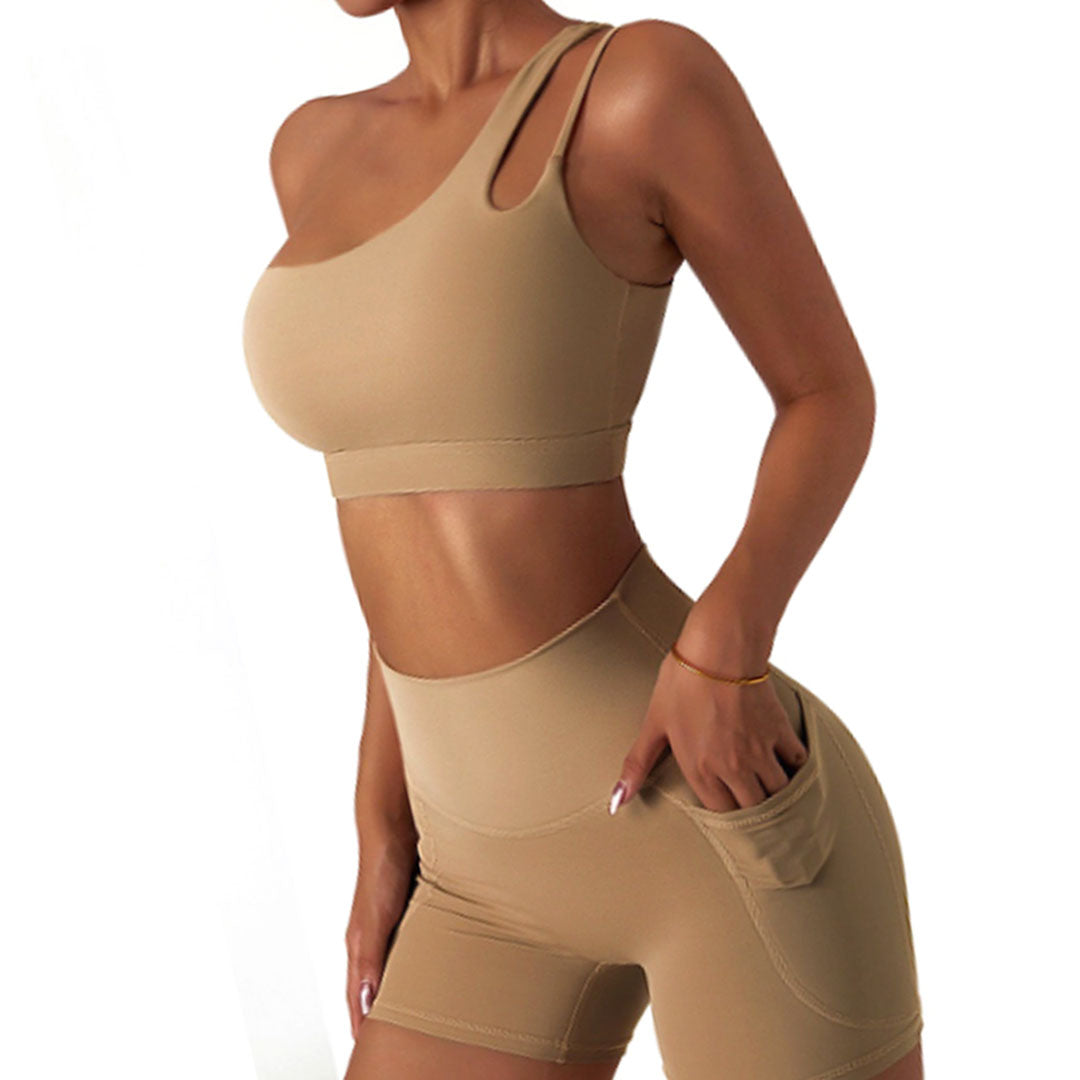 FREYSHA Elegant One Shoulder Yoga Ensemble Sleek Sports Bra and High-Waist Leggings Set