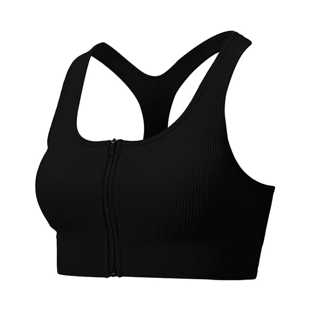 FREYSHA Ribbed Knit Beauty Back Workout Bras with Front Zip Closure