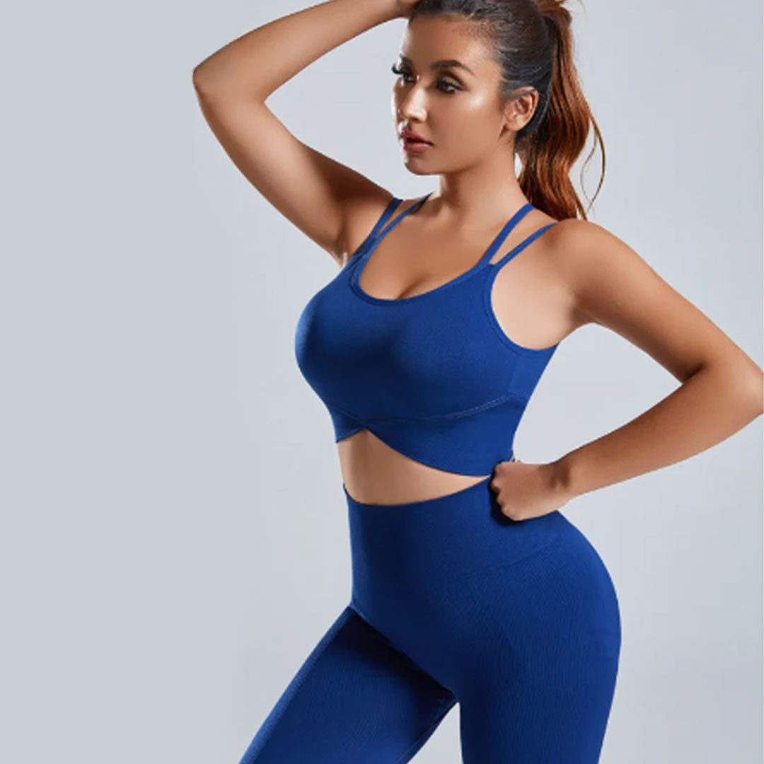 FREYSHA Women's Sports Top and Pants Set, Crossover Sports Bra and Seamless Pants, Workout Suits, Push-Up Fitness Clothing
