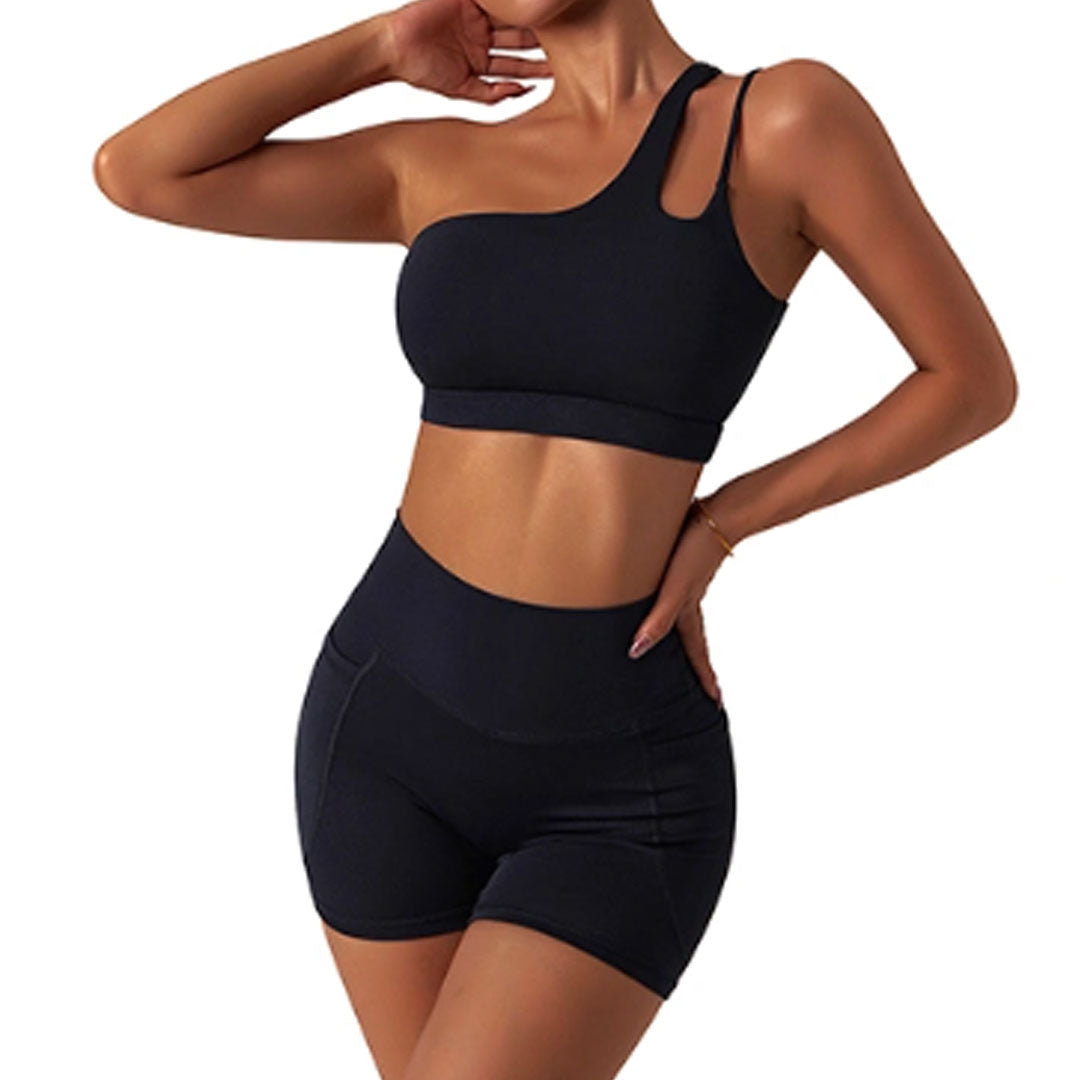 FREYSHA Elegant One Shoulder Yoga Ensemble Sleek Sports Bra and High-Waist Leggings Set