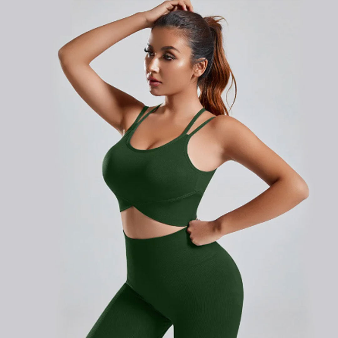 FREYSHA Women's Sports Top and Pants Set, Crossover Sports Bra and Seamless Pants, Workout Suits, Push-Up Fitness Clothing