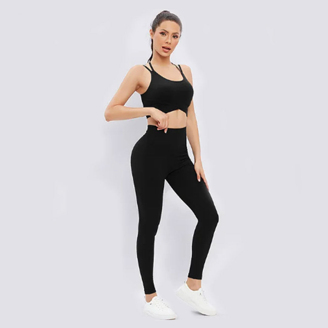 FREYSHA Women's Sports Top and Pants Set, Crossover Sports Bra and Seamless Pants, Workout Suits, Push-Up Fitness Clothing