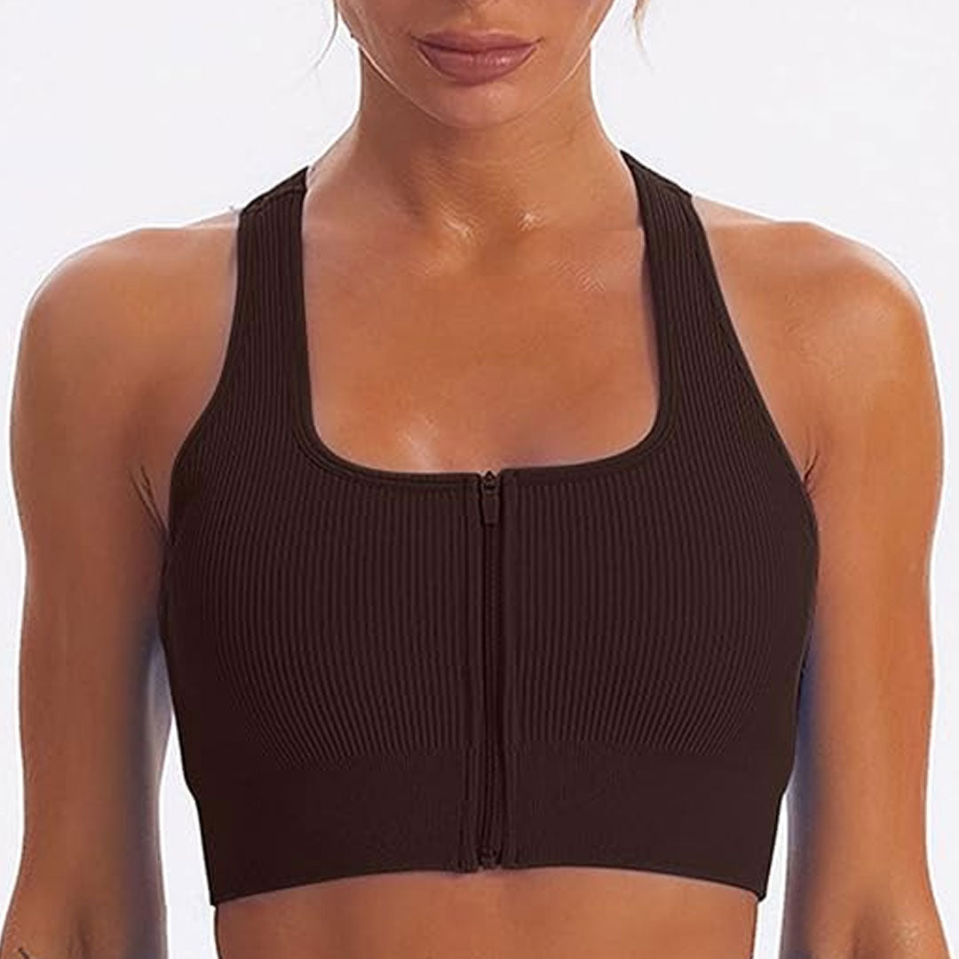 FREYSHA Ribbed Knit Beauty Back Workout Bras with Front Zip Closure