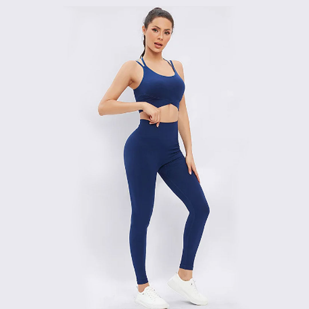 FREYSHA Women's Sports Top and Pants Set, Crossover Sports Bra and Seamless Pants, Workout Suits, Push-Up Fitness Clothing