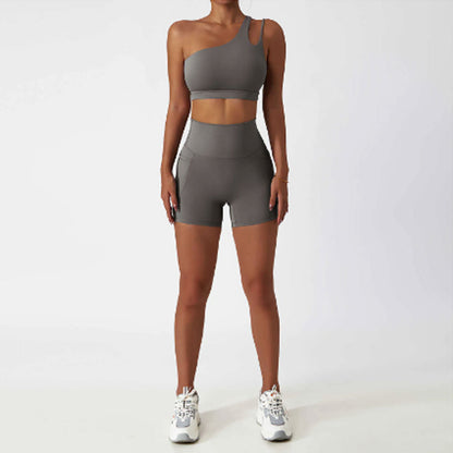 FREYSHA Elegant One Shoulder Yoga Ensemble Sleek Sports Bra and High-Waist Leggings Set