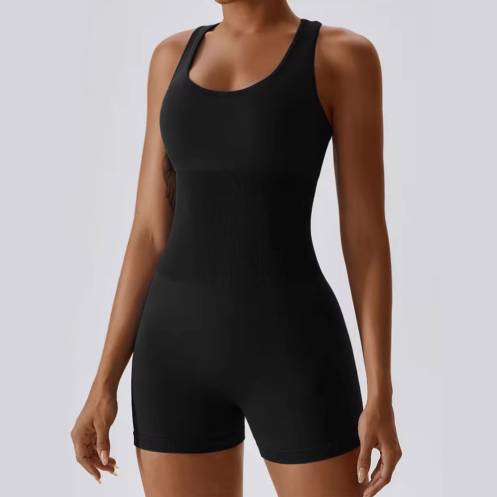 FREYSHA Women's Seamless Sports Jumpsuit - Short Length, Removable Pads, Elastic Waist, Slim Fit, Hollowed Out Design