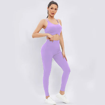 FREYSHA Women's Sports Top and Pants Set, Crossover Sports Bra and Seamless Pants, Workout Suits, Push-Up Fitness Clothing