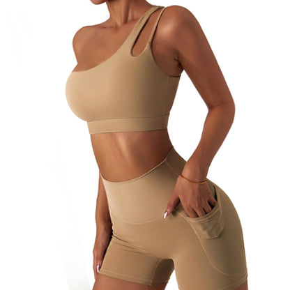 FREYSHA Elegant One Shoulder Yoga Ensemble Sleek Sports Bra and High-Waist Leggings Set
