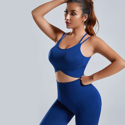 FREYSHA Women's Sports Top and Pants Set, Crossover Sports Bra and Seamless Pants, Workout Suits, Push-Up Fitness Clothing