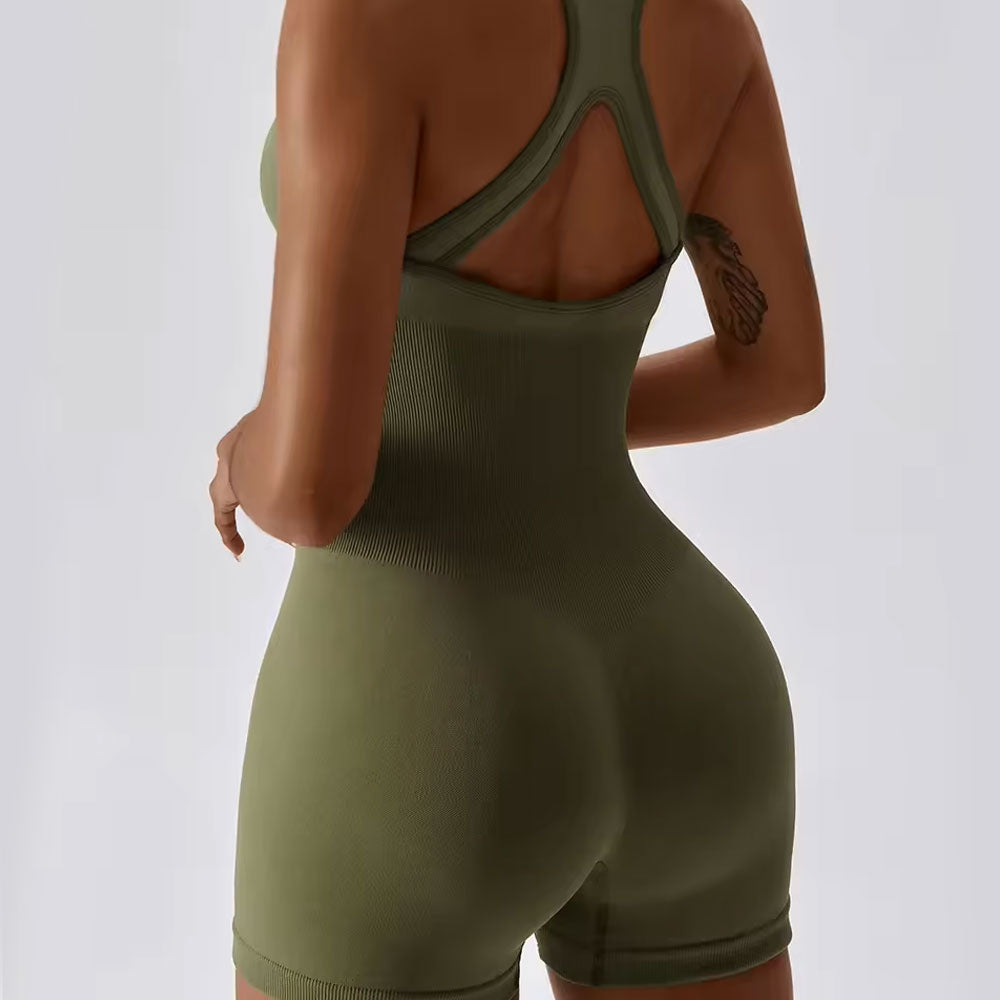 FREYSHA Women's Seamless Sports Jumpsuit - Short Length, Removable Pads, Elastic Waist, Slim Fit, Hollowed Out Design