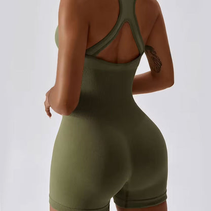 FREYSHA Women's Seamless Sports Jumpsuit - Short Length, Removable Pads, Elastic Waist, Slim Fit, Hollowed Out Design