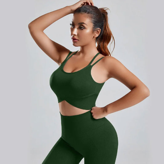 FREYSHA Women's Sports Top and Pants Set, Crossover Sports Bra and Seamless Pants, Workout Suits, Push-Up Fitness Clothing