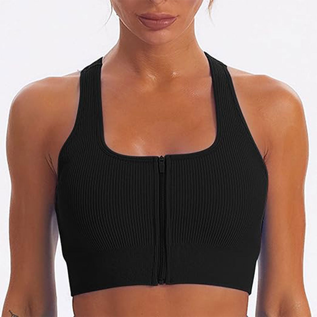 FREYSHA Ribbed Knit Beauty Back Workout Bras with Front Zip Closure