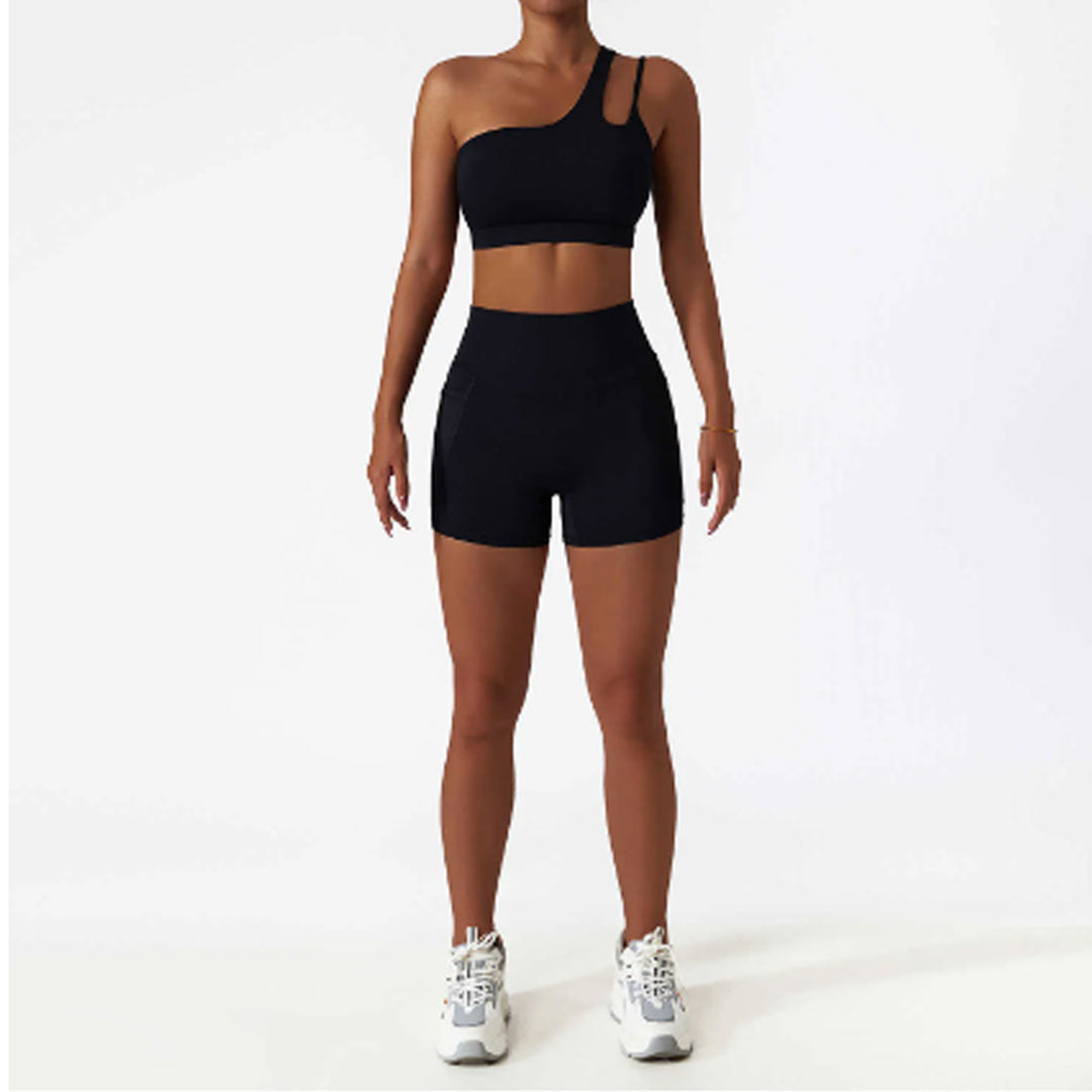 FREYSHA Elegant One Shoulder Yoga Ensemble Sleek Sports Bra and High-Waist Leggings Set