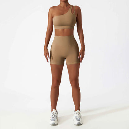 FREYSHA Elegant One Shoulder Yoga Ensemble Sleek Sports Bra and High-Waist Leggings Set